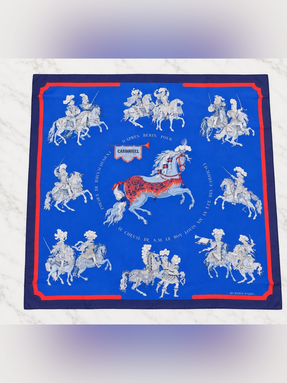 Hermes Vintage Carrousel Silk Scarf 90 cm Blue